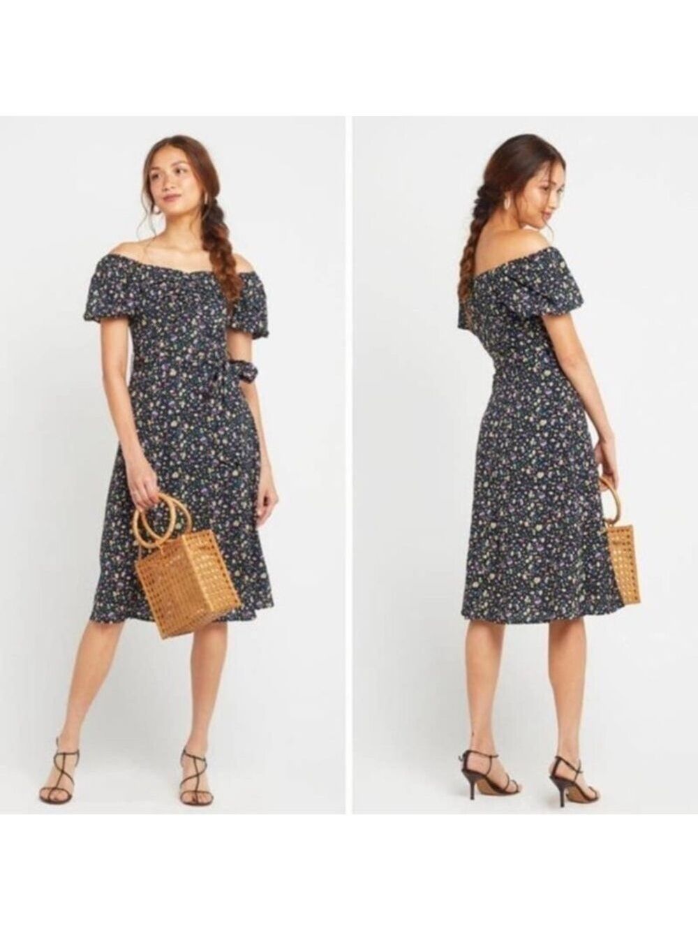 Kourt Josie Ditsy Floral Print Puff Sleeve Midi Dress in Black Multi